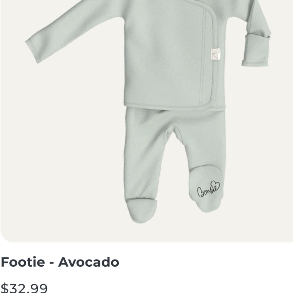 Bonsie  Skin to skin baby wear. Avocado One Piece Footie Sleeper